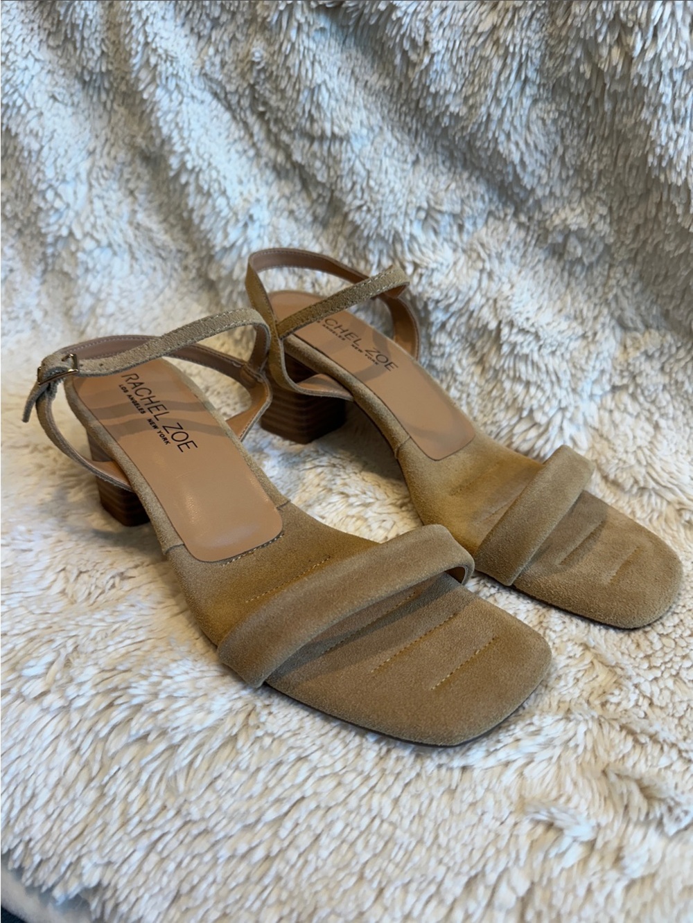 Rachel Zoe Beige Suede Strappy Low Block Heel Sandals